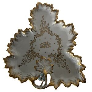 MCM Vintage White RPM Gold Glit Scroll Trimmed Leaf Dish Painted Blue Victorian